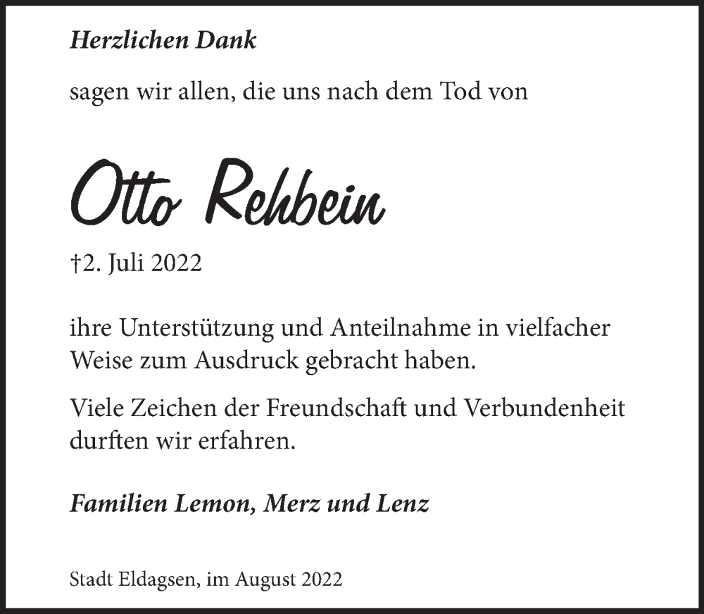  Traueranzeige für Otto Rehbein vom 06.08.2022 aus Neue Deister-Zeitung