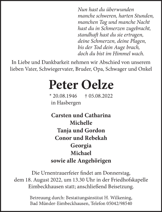 Traueranzeige von Peter Oelze von Neue Deister-Zeitung