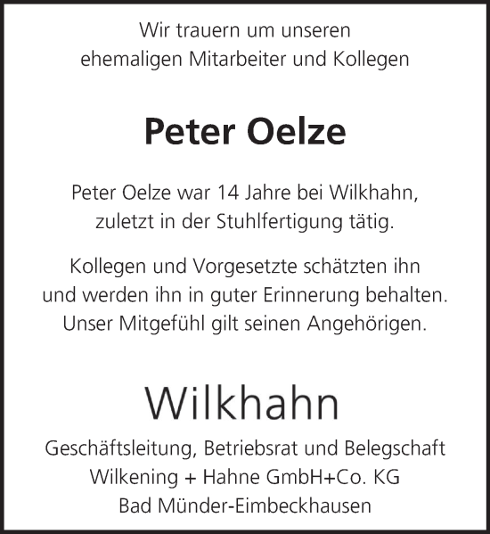 Traueranzeige von Peter Oelze von Neue Deister-Zeitung