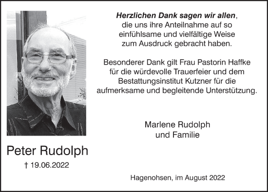 Traueranzeige von Peter Rudolph von Deister- und Weserzeitung