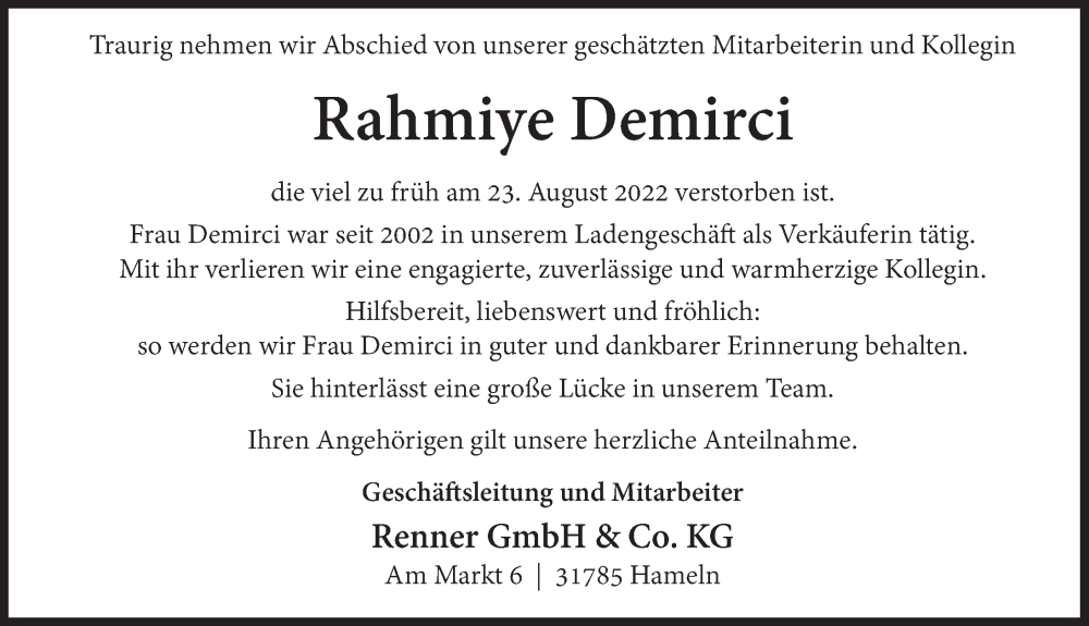  Traueranzeige für Rahmiye Demirci vom 27.08.2022 aus Deister- und Weserzeitung