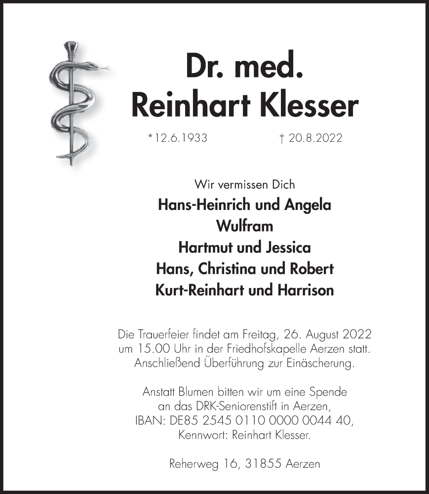  Traueranzeige für Reinhart Klesser vom 24.08.2022 aus Deister- und Weserzeitung