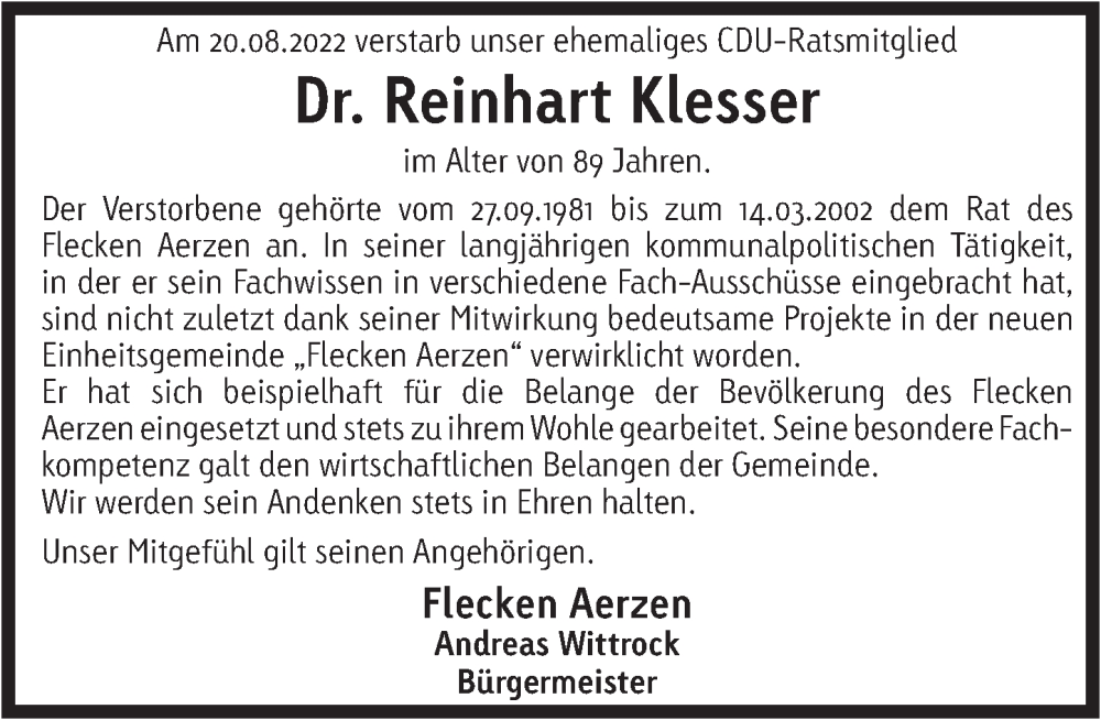  Traueranzeige für Reinhart Klesser vom 26.08.2022 aus Deister- und Weserzeitung