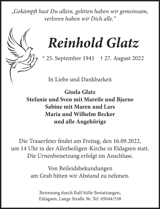 Traueranzeige von Reinhold Glatz von Neue Deister-Zeitung