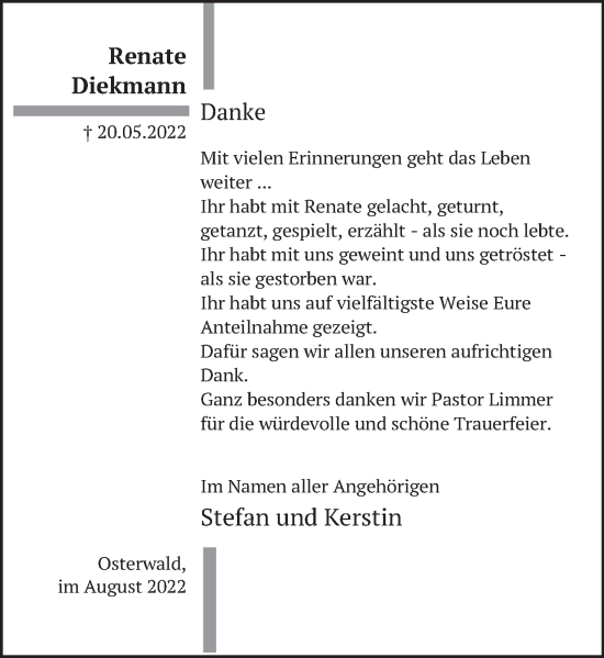Traueranzeige von Renate Diekmann von Deister- und Weserzeitung