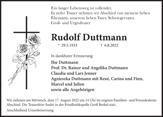 Traueranzeige von Rudolf Duttmann von Deister- und Weserzeitung