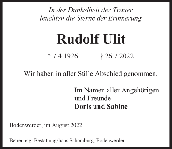 Traueranzeige von Rudolf Ulit von Deister- und Weserzeitung