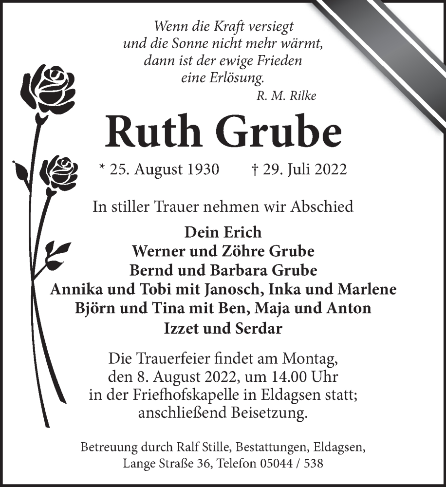  Traueranzeige für Ruth Grube vom 06.08.2022 aus Neue Deister-Zeitung