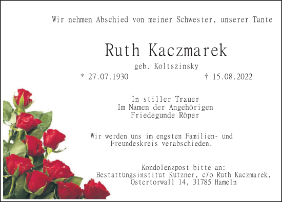 Traueranzeige von Ruth Kaczmarek von Deister- und Weserzeitung