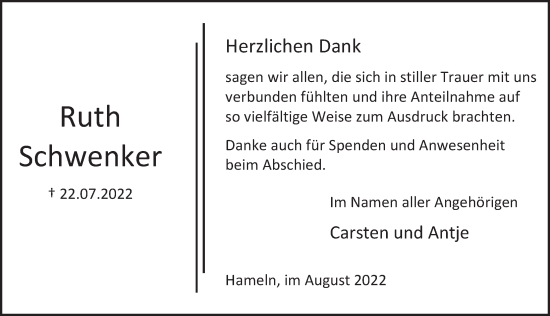 Traueranzeige von Ruth Schwenker von Deister- und Weserzeitung