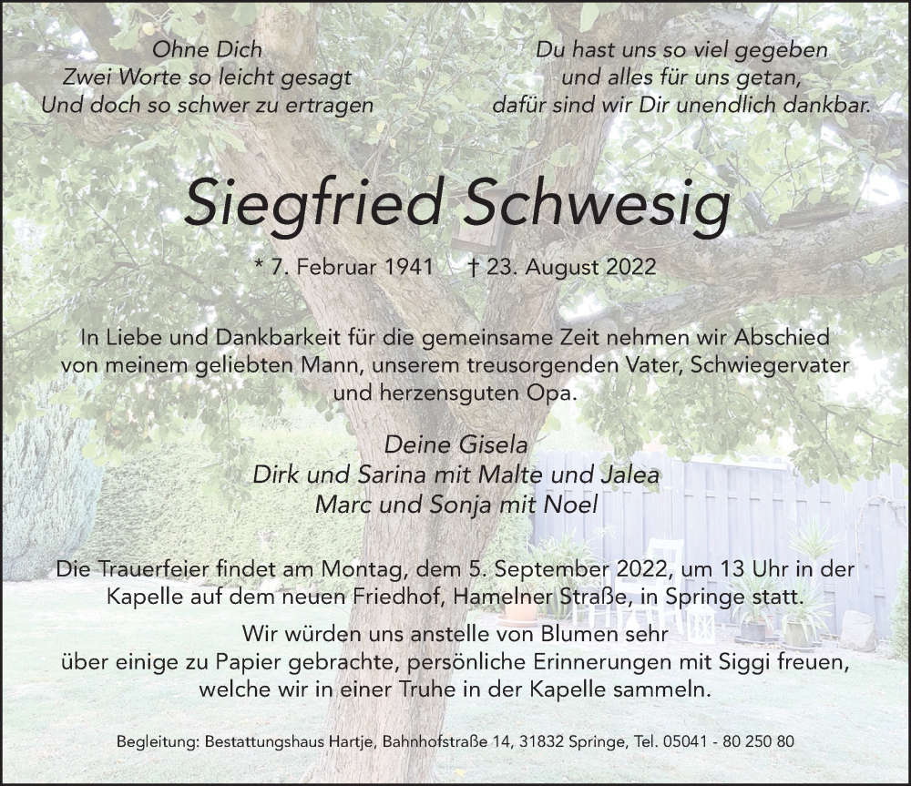  Traueranzeige für Siegfried Schwesig vom 27.08.2022 aus Neue Deister-Zeitung
