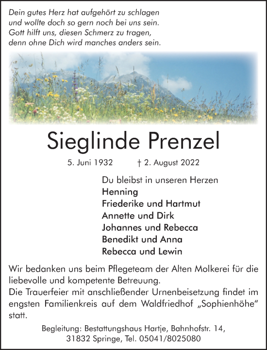Traueranzeige von Sieglinde Prenzel von Neue Deister-Zeitung