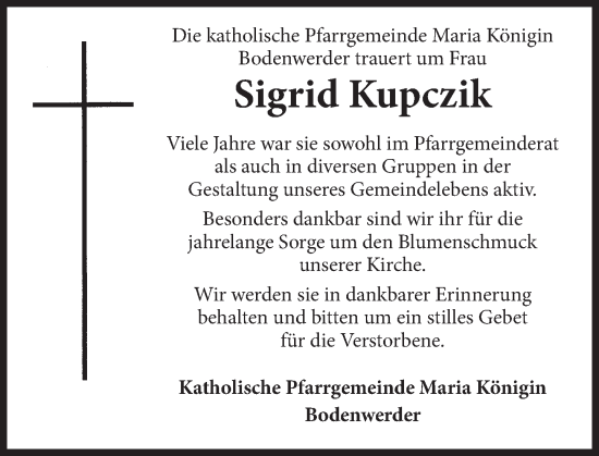 Traueranzeige von Sigrid Kupczik von Deister- und Weserzeitung