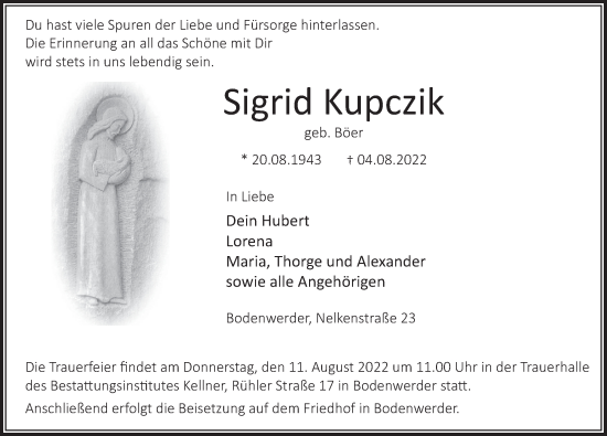 Traueranzeige von Sigrid Kupczik von Deister- und Weserzeitung