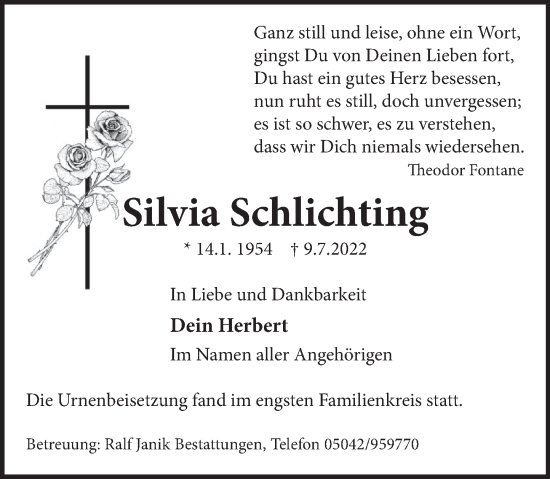 Traueranzeige von Silvia Schlichting von Neue Deister-Zeitung
