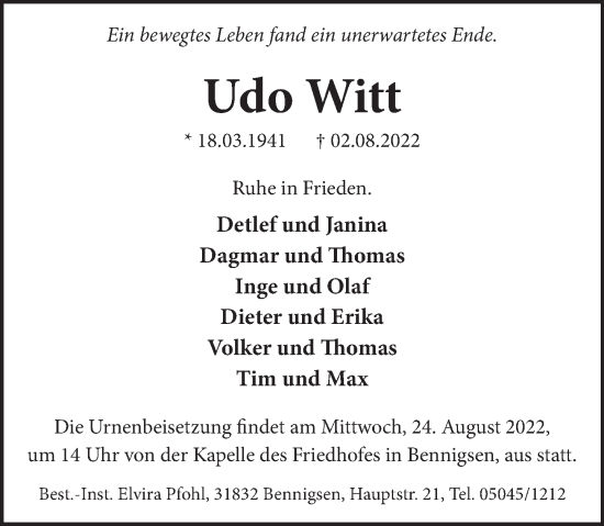 Traueranzeige von Udo Witt von Neue Deister-Zeitung