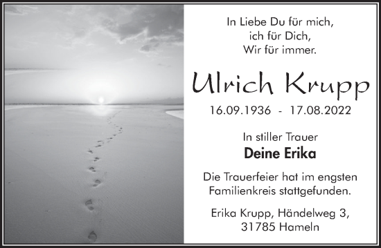 Traueranzeige von Ulrich Krupp von Deister- und Weserzeitung
