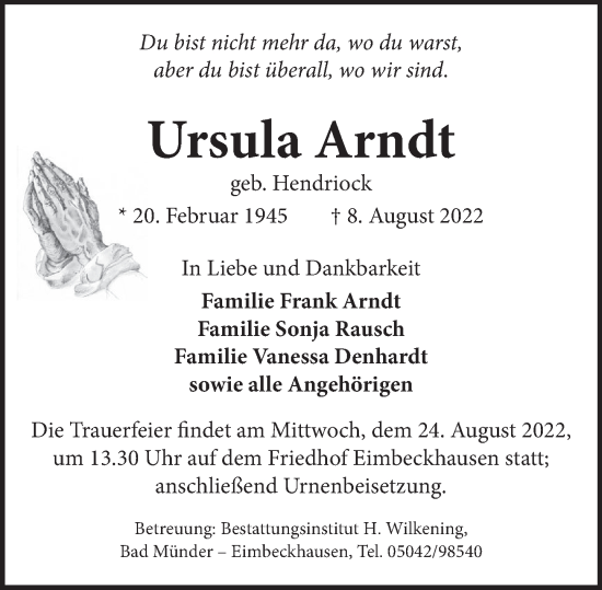 Traueranzeige von Ursula Arndt von Neue Deister-Zeitung