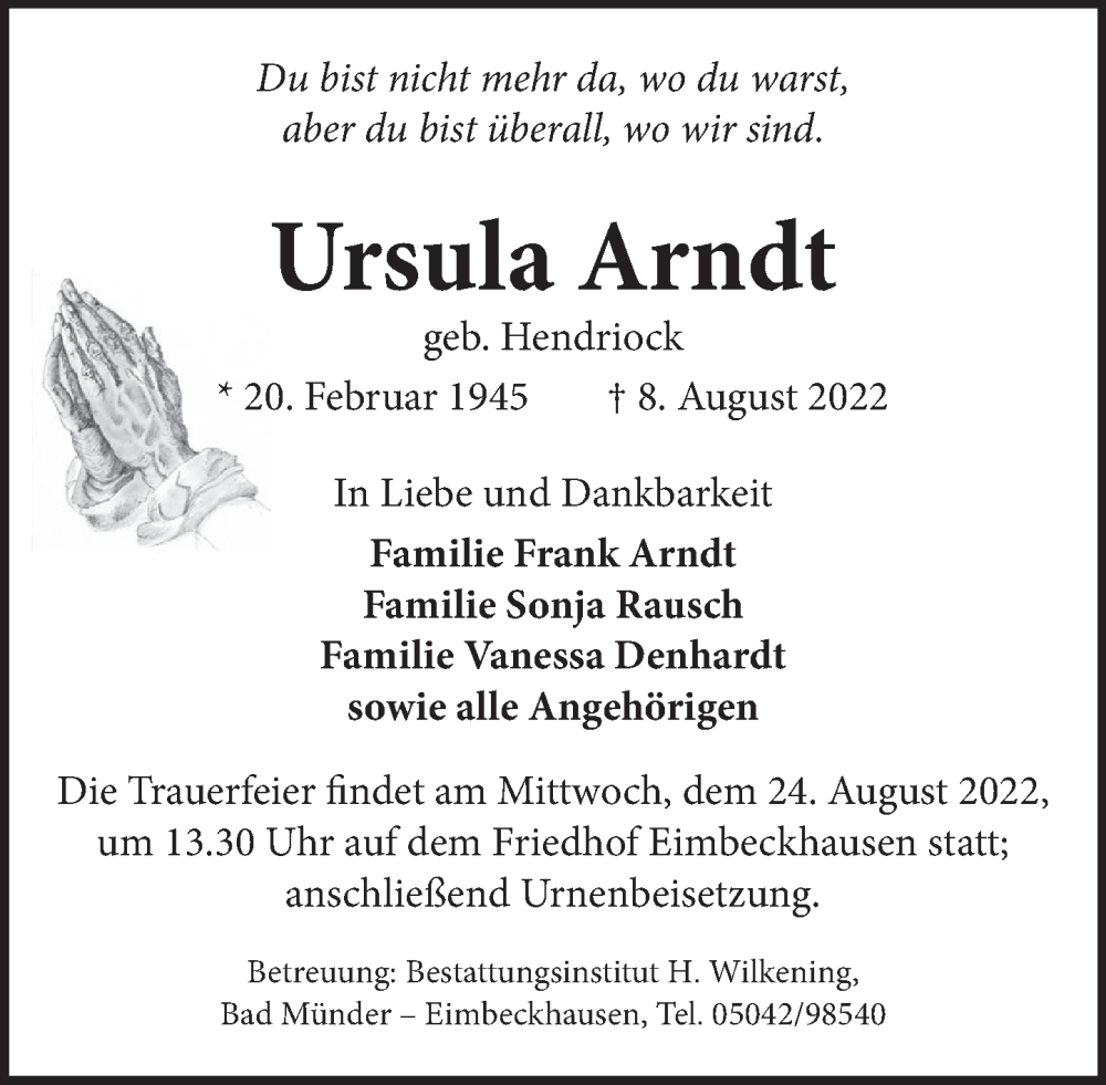  Traueranzeige für Ursula Arndt vom 23.08.2022 aus Neue Deister-Zeitung