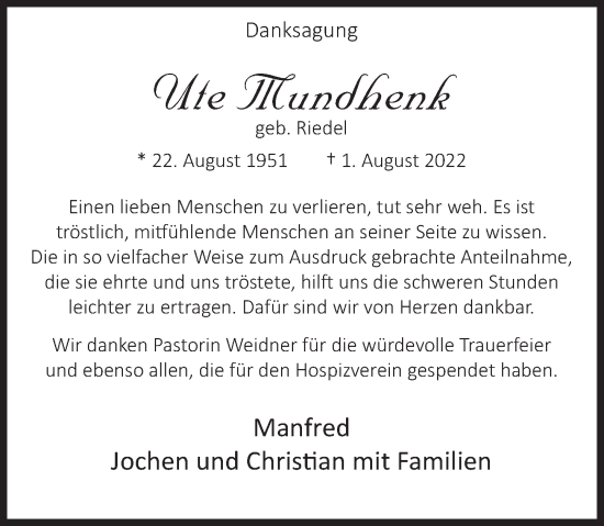 Traueranzeige von Ute Mundhenk von Deister- und Weserzeitung
