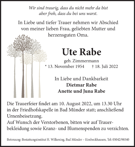Traueranzeige von Ute Rabe von Neue Deister-Zeitung