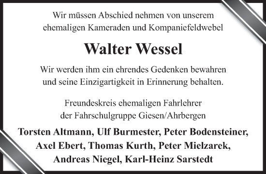 Traueranzeige von Walter Wessel von Neue Deister-Zeitung