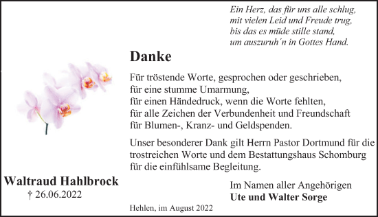 Traueranzeige von Waltraud Hahlbrock von Deister- und Weserzeitung