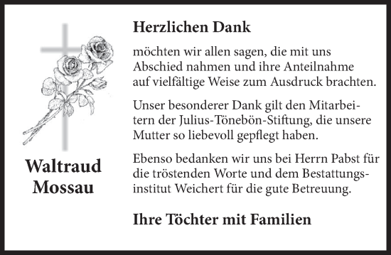 Traueranzeige von Waltraud Mossau von Deister- und Weserzeitung