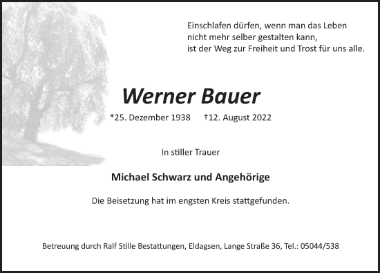 Traueranzeige von Werner Bauer von Neue Deister-Zeitung