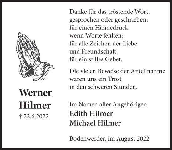 Traueranzeige von Werner Hilmer von Deister- und Weserzeitung