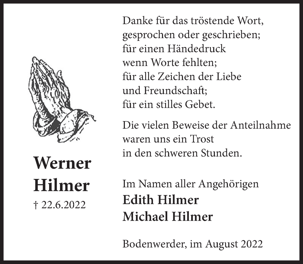  Traueranzeige für Werner Hilmer vom 12.08.2022 aus Deister- und Weserzeitung