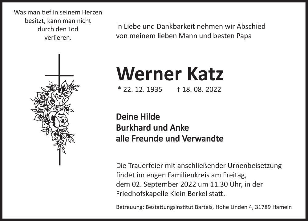  Traueranzeige für Werner Katz vom 31.08.2022 aus Deister- und Weserzeitung