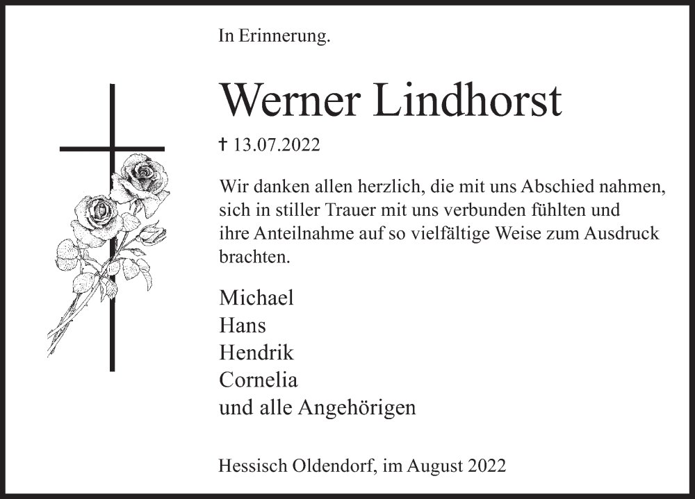  Traueranzeige für Werner Lindhorst vom 20.08.2022 aus Deister- und Weserzeitung