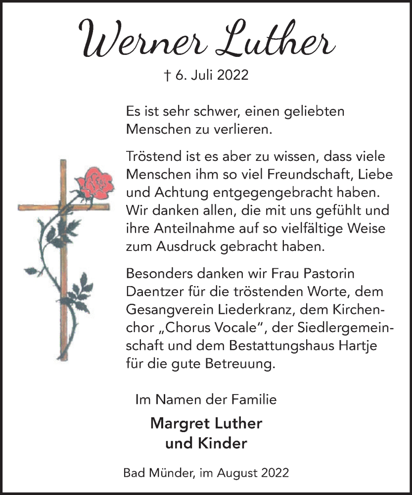  Traueranzeige für Werner Luther vom 27.08.2022 aus Neue Deister-Zeitung