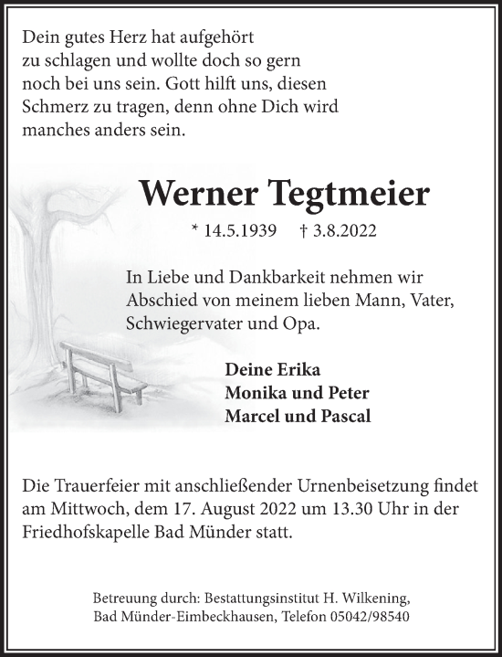 Traueranzeige von Werner Tegtmeier von Neue Deister-Zeitung