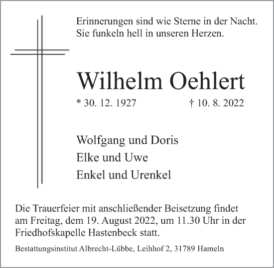 Traueranzeige von Wilhelm Oehlert von Deister- und Weserzeitung
