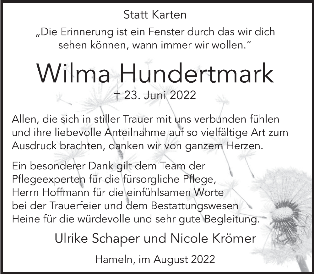  Traueranzeige für Wilma Hundertmark vom 02.08.2022 aus Deister- und Weserzeitung