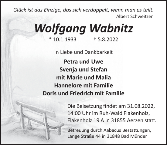 Traueranzeige von Wolfgang Wabnitz von Neue Deister-Zeitung