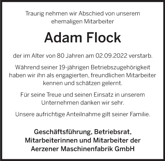 Traueranzeige von Adam Flock von Deister- und Weserzeitung