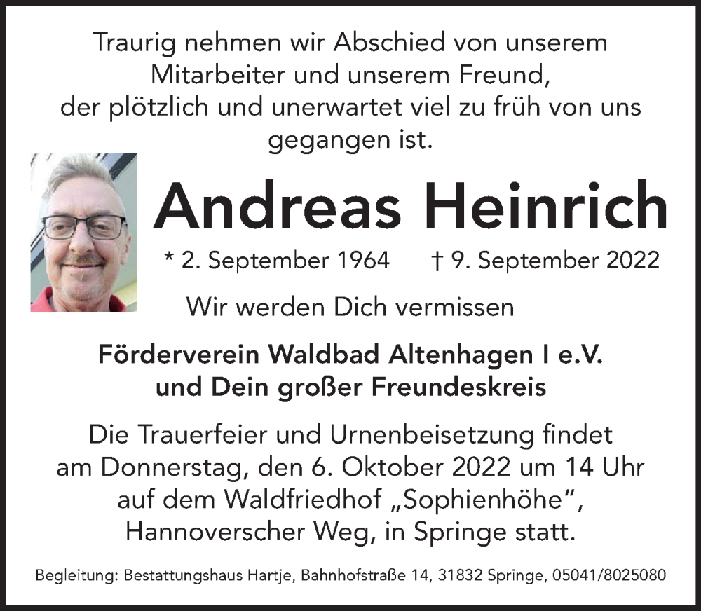  Traueranzeige für Andreas Heinrich vom 24.09.2022 aus Neue Deister-Zeitung