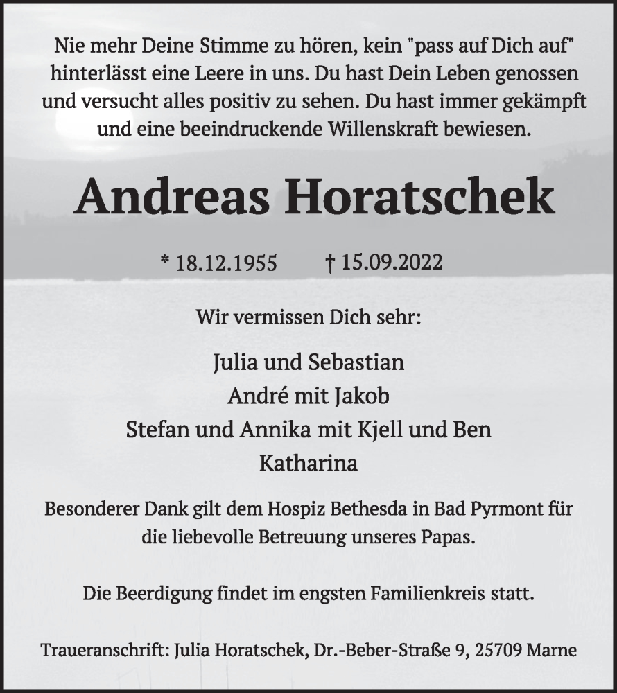  Traueranzeige für Andreas Horatschek vom 24.09.2022 aus Deister- und Weserzeitung