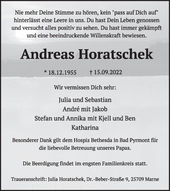 Traueranzeige von Andreas Horatschek von Deister- und Weserzeitung