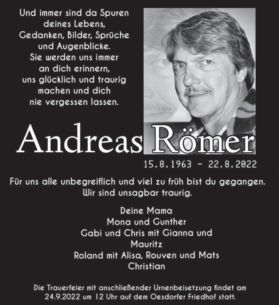  Traueranzeige für Andreas Römer vom 17.09.2022 aus Deister- und Weserzeitung