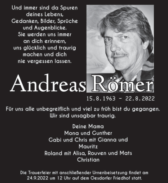Traueranzeige von Andreas Römer von Deister- und Weserzeitung