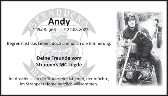 Traueranzeige von Andy  von Deister- und Weserzeitung