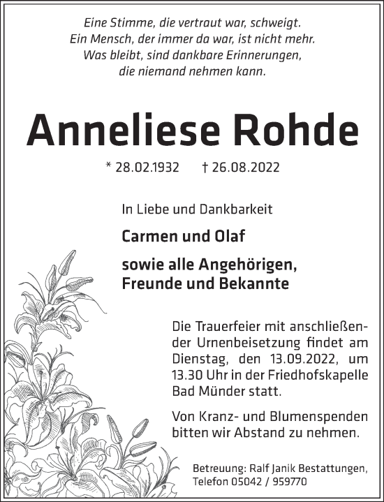 Traueranzeige von Anneliese Rohde von Neue Deister-Zeitung