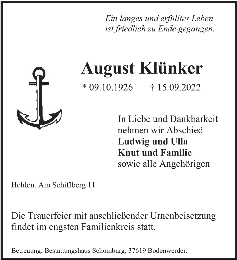  Traueranzeige für August Klünker vom 20.09.2022 aus Deister- und Weserzeitung