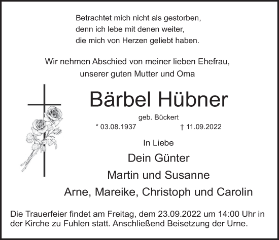 Traueranzeige von Bärbel Hübner von Deister- und Weserzeitung