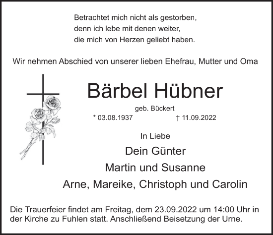 Traueranzeige von Bärbel Hübner von Deister- und Weserzeitung