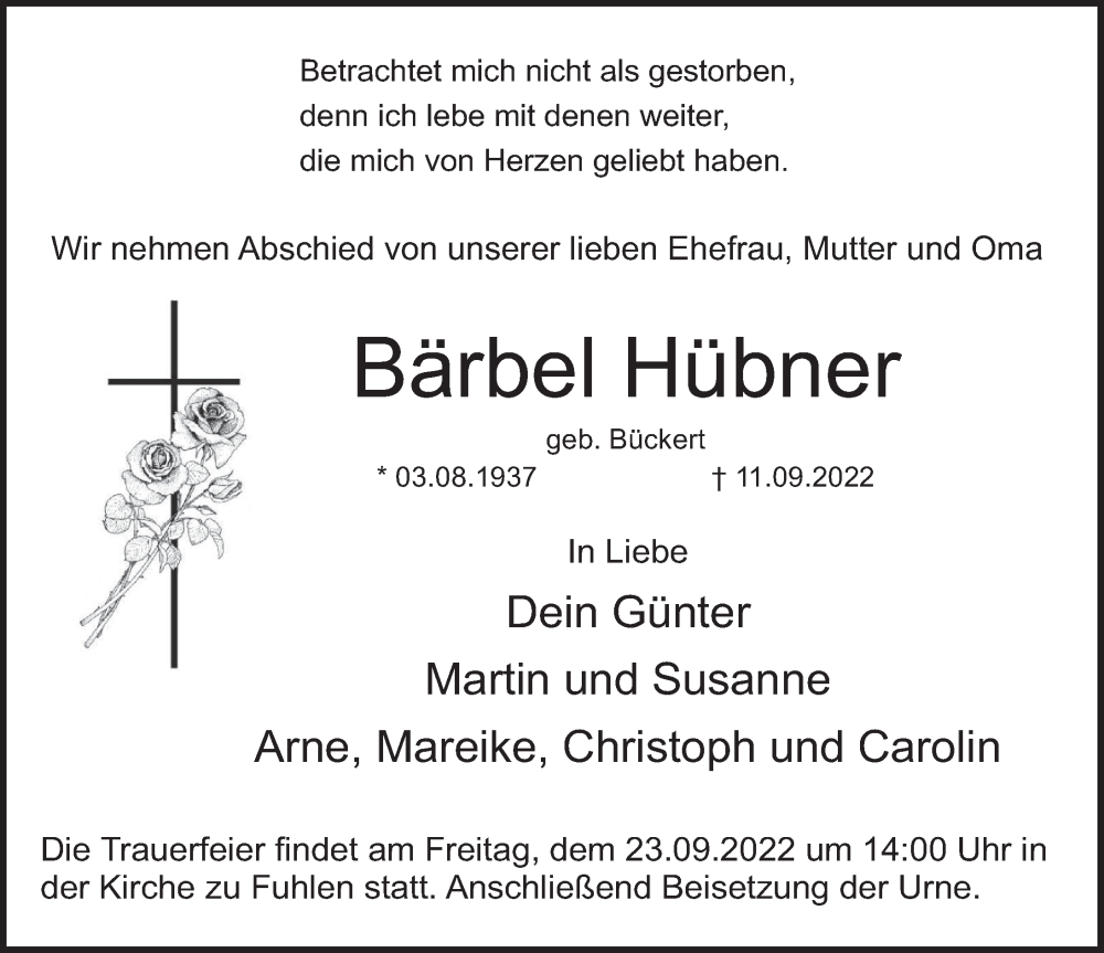  Traueranzeige für Bärbel Hübner vom 17.09.2022 aus Deister- und Weserzeitung